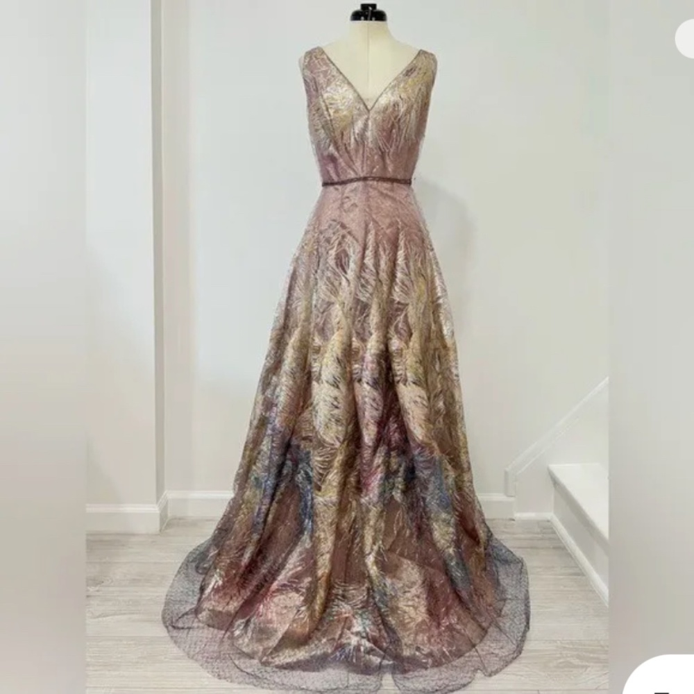 Rene Ruiz feathered fit flair gown